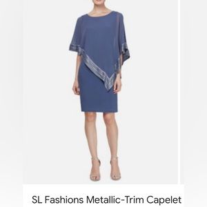 SLNY blue dress with asymmetrical sheer overlay capelet & metallic trim